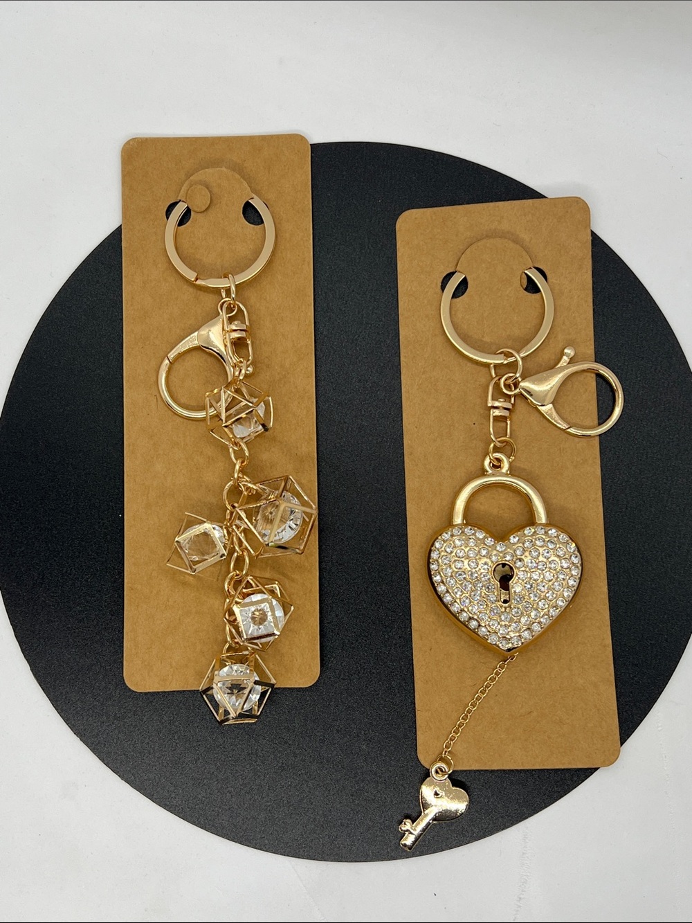 Gold Rhinestone Keychains Set of 2 Heart Lock & Crystal Cube Bag Charms NEW